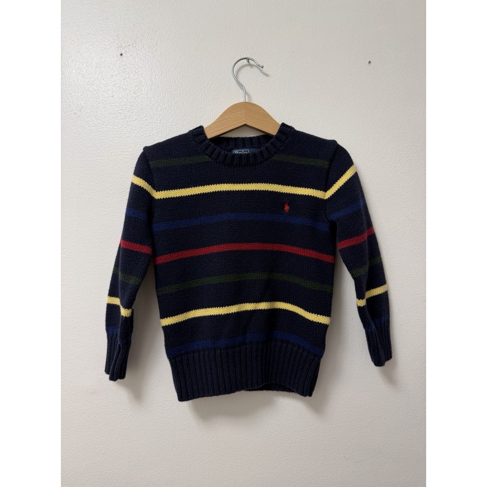 Vintage Polo Ralph Lauren Navy Blue Crewneck Sweater Striped Pony Logo 4T